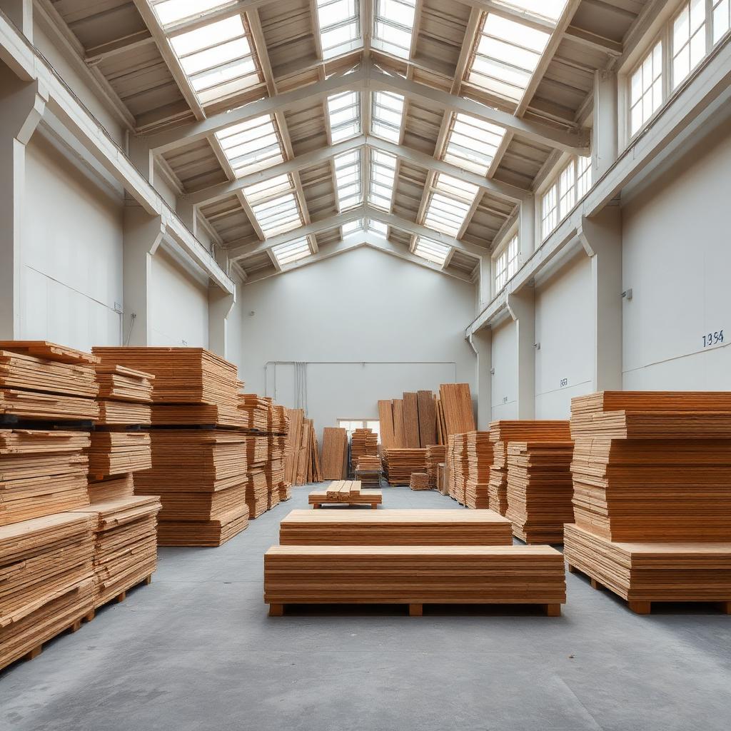 Indonesian furniture workshop interior with stacked teak
